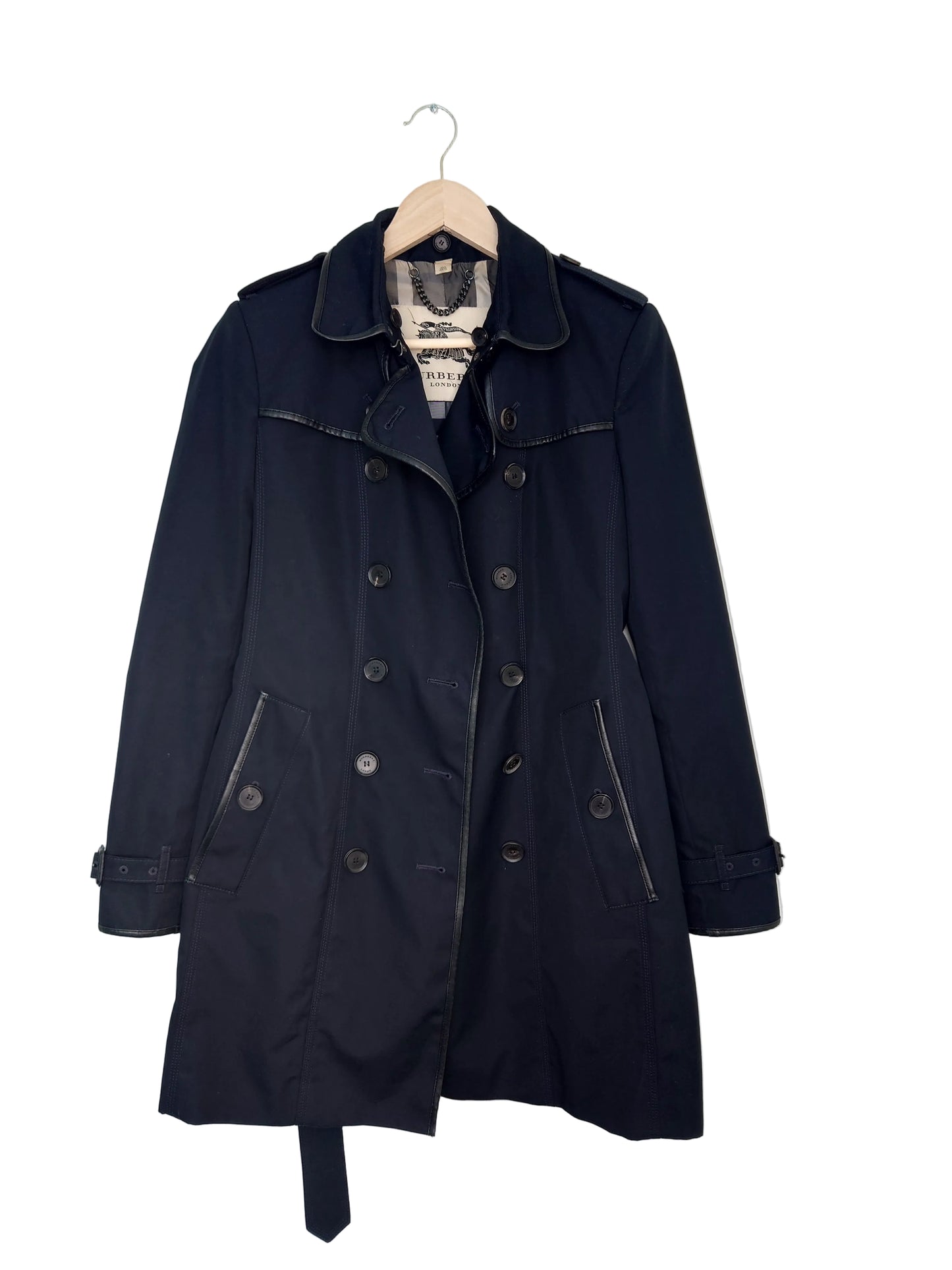 Burberry trenchcoat sort med skinndetaljer